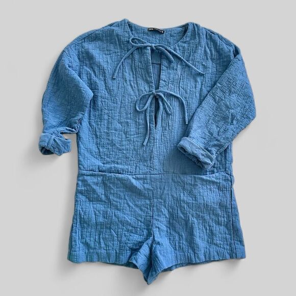 Zara Romper Bloggers Fav! Soft Indian Cotton Long Sleeve Blue Size Small - Picture 3 of 8